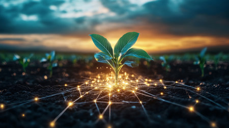 Modern agricultural innovation in fields with emerging plant life at sunset. Generative AIの素材