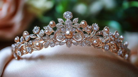 Elegant tiara adorned with pearls and diamonds resting on soft fabric surrounded by delicate flowers in a serene setting Generative AIの素材