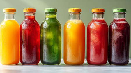 Colorful assortment of fresh juices displayed in glass bottles on a table. Generative AIの素材