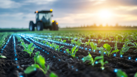 Modern agricultural practices showcase precision technology in fertile fields. Generative AIの素材