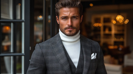 Stylish man in checked suit with turtleneck stands confidently in elegant indoor setting during daytime Generative AIの素材