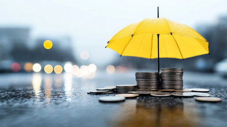 Protecting savings with a yellow umbrella over coins on a rainy day. Generative AIの素材