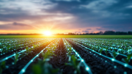 Modern agricultural fields showcasing innovative practices at sunset. Generative AIの素材