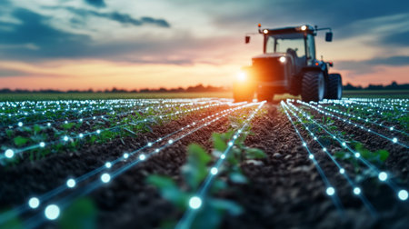 Modern agriculture practice with illuminated fields during sunset. Generative AIの素材