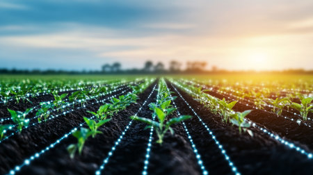Innovation in agriculture through technology in modern fields at sunset. Generative AIの素材