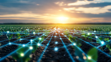 Modern agricultural fields showcasing technology and selection techniques at sunset. Generative AIの素材