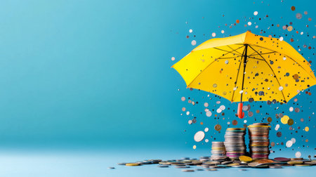 Protecting finances with a yellow umbrella over coins on a blue background. Generative AIの素材