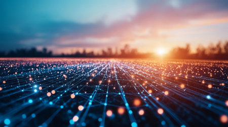 Modern agricultural fields demonstrating advanced selection and technology at sunset. Generative AIの素材