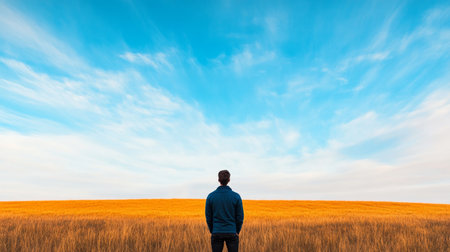 A man stands gazing at expansive golden fields that stretch toward a vivid blue skyの素材