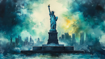 Statue of Liberty illuminated against a vibrant cityscape during twilight hours in a colorful artistic portrayal Generative AIの素材