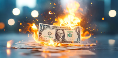 Trust and stability tested as dollar bill ignites in an urban setting Generative AIの素材