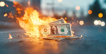 Conceptual representation of burning cash highlighting instability in finances Generative AIの素材