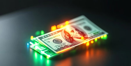 Trust and growth are depicted with illuminated dollar bills on a dark surface Generative AIの素材