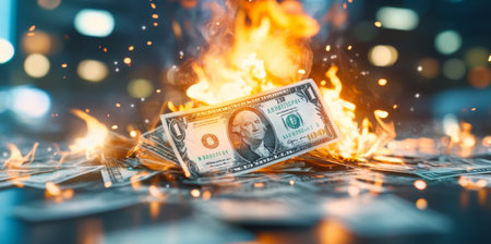 Flames consuming money represent the risk of unstable investments and asset loss Generative AIの素材