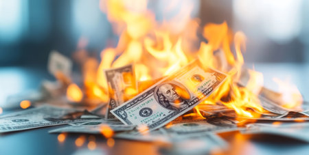 Money burns in flames symbolizing financial instability and portfolio challenges Generative AIの素材
