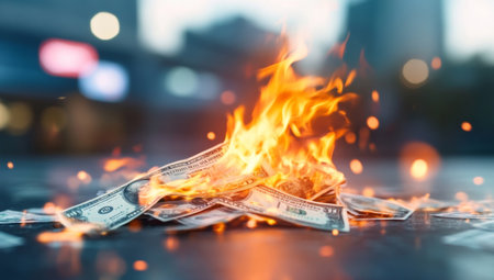 Money burning on a city street signifying loss of trust and asset value Generative AIの素材