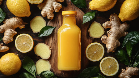 Fresh ginger lemon juice surrounded by whole lemons and ginger roots on a wooden surface in natural light setting. Generative AIの素材