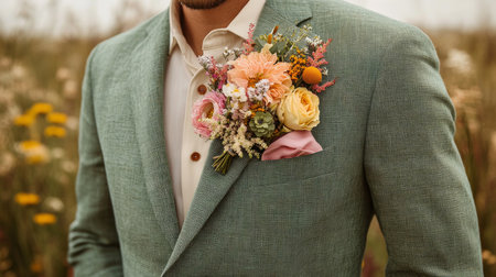 Elegant man in green suit with floral boutonniere stands amidst a field of blooming wildflowers on a bright sunny day Generative AIの素材