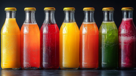 Colorful selection of bottled beverages arranged in neat rows on a dark surface highlighting their vibrant colors and textures. Generative AIの素材