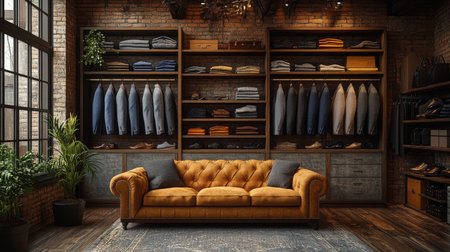 Chic interior design featuring a mustard yellow couch in a modern storage setup with neatly arranged clothing and accessories Generative AIの素材