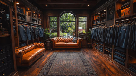 Elegant tailor shop interior showcasing a rich collection of tailored suits and a comfortable leather couch Generative AIの素材