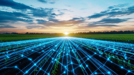 Modern agricultural fields showcasing technology and selection at sunset. Generative AIの素材