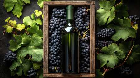Vineyard harvest featuring a green bottle surrounded by fresh black grapes and lush green leaves at an autumn gathering. Generative AIの素材