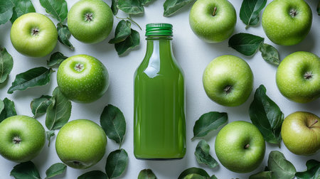 Fresh green apples surround a bottle of apple juice on a light surface, showcasing healthy, natural ingredients. Generative AIの素材