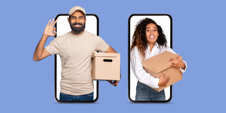 Happy online shopper celebrating her purchases with big boxes