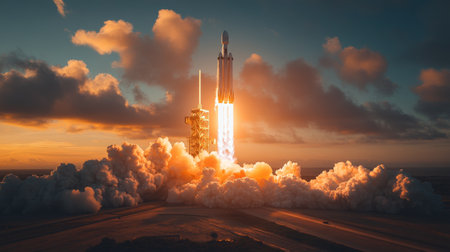 Rocket Launches Into the Sky During a Stunning Sunset, Showcasing the Power of Propulsion and Advanced Aerospace Technology for Space Exploration Generative AIの素材