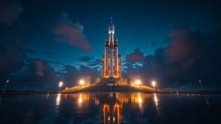 Rocket Stands Ready for Launch at the Launch Pad Under a Starry Night Sky With Lights Reflecting on the Wet Ground and Clouds Overhead Generative AIの素材