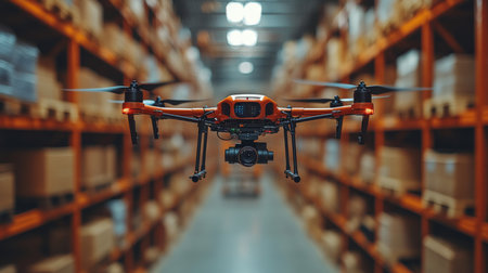 Drone Operates Within a Busy Warehouse for Efficient Inventory Management and Cargo Monitoring During Daylight Hours Generative AIの素材