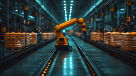 Advanced Robotic Arm Working in a Large Warehouse for Efficient Inventory Management and Logistics Operations Generative AIの素材