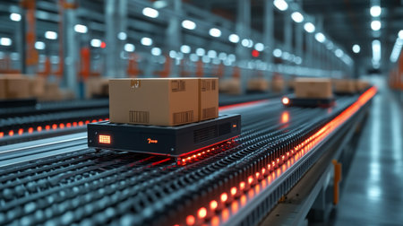 Efficient Automated System Moving Cardboard Boxes Along Illuminated Conveyor Belts in a Large Warehouse Used for Logistics and Distribution Generative AIの素材