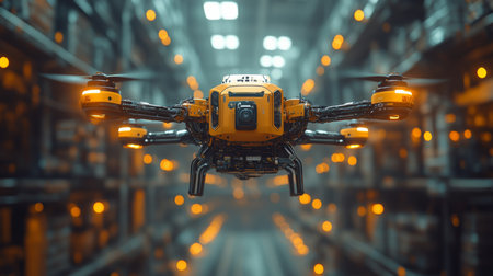 Warehouse Operations Utilizing Advanced Drone Technology for Inventory Management and Distribution Efficiency in Modern Logistics Hubs Generative AIの素材