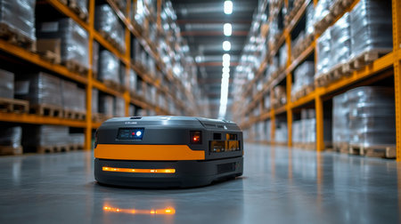 Automated Robotic System Navigating the Aisles of a Busy Warehouse During Peak Distribution Hours Generative AIの素材
