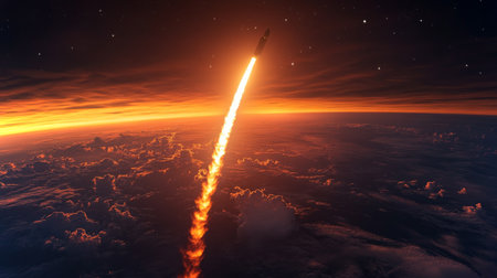 High altitude Rocket Launch Showcasing Propulsion Technology and Atmospheric Exit During Twilight Hours Generative AIの素材