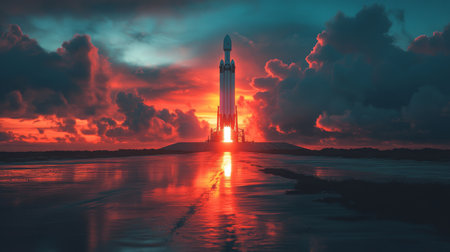 Rocket Launch at Sunset Highlights Propulsion Technology and Aerospace Innovation During Spaceflight Preparation Generative AIの素材