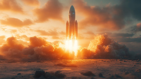 Rocket Launches Into the Sky at Dusk, Illuminating the Horizon With Powerful Propulsion and Majestic Flames, Marking the Beginning of an Extraordinary Spaceflight Mission Generative AIの素材