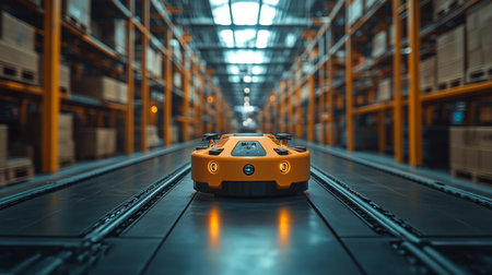 Automated Robot Navigating Through a Large Logistics Warehouse for Efficient Inventory Management and Storage Solutions Generative AIの素材