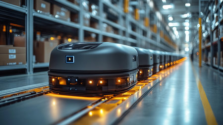 Innovative Automated Robots Streamline Logistics and Inventory Management in a Modern Warehouse Environment Generative AIの素材