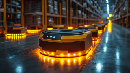 Automated Robots Operating in a Modern Warehouse for Efficient Sorting and Inventory Management During Nighttime Generative AIの素材