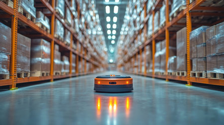 Robotic Sorting Device Navigates Through a Modern Warehouse Filled With Inventory and Storage Shelving Generative AIの素材