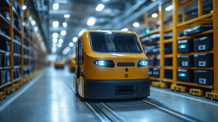 Automated Robots Transporting Goods Through a Busy Warehouse During Daylight Hours for Efficient Logistics Operations Generative AIの素材