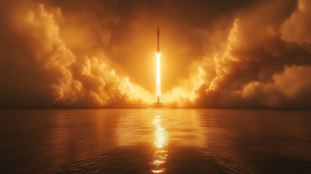 Rocket Launch Illuminates the Sky With Fire and Smoke During a Night Flight Over the Ocean Generative AIの素材