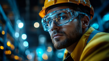 Worker in Safety Gear Oversees Inventory Management in a Busy Logistics Warehouse During Nighttime Operations Generative AIの素材