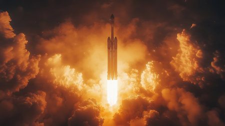 Massive Rocket Lifts Off, Igniting Clouds of Smoke and Flames During Powerful Propulsion Event Generative AIの素材