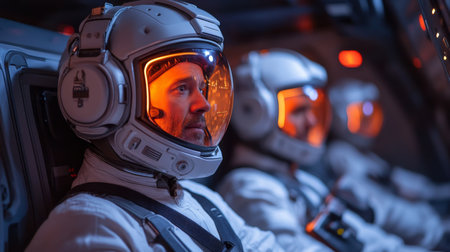 Crew Members in Advanced Space Suits Prepare for Atmospheric Reentry During a Manned Spaceflight Mission Aimed at Demonstrating Retropropulsion Techniques Generative AIの素材