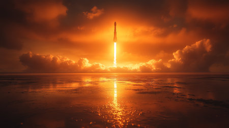 Rocket Launches at Dawn With Brilliant Flame Illuminating the Sky and Reflecting on Tranquil Waters Generative AIの素材