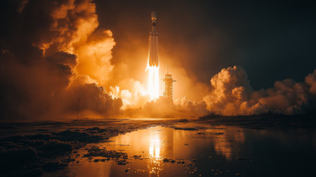 Rocket Ascent During a Dramatic Night Launch Showcasing Powerful Propulsion and Bright Flames Against a Cloudy Backdrop Generative AIの素材